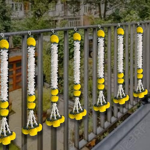 Image of Rajasthan Kraft Artificial Pack of 6 Marigold Gajra Hanging, 27 Inch Yellow Floral Hanging for Home Decor, Balcony, Diwali, Ganesh Chaturthi & Festival Decoration