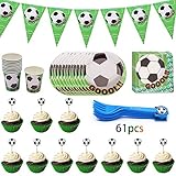 ⚽ Inhalt: 10 Teller(7 Inch), 1 Fussball banner, 10 Becher, 20 Servietten, 10 Kuchendekoration, 10 Sätze Gabeln, für 10 Gäste dienen.