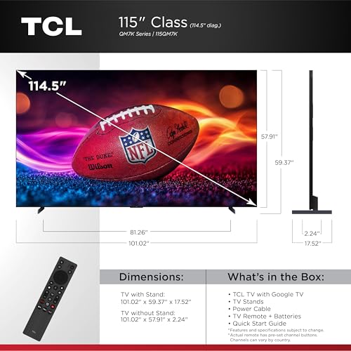 Image of TCL 115-Inch QM7K QLED 4K Smart QD-Mini LED TV with Google TV (115QM7K, 2025 Model) Dolby Vision IQ, Dolby Atmos, HDR, Game Accelerator up to 288Hz, Voice Remote, Compatible with Alexa