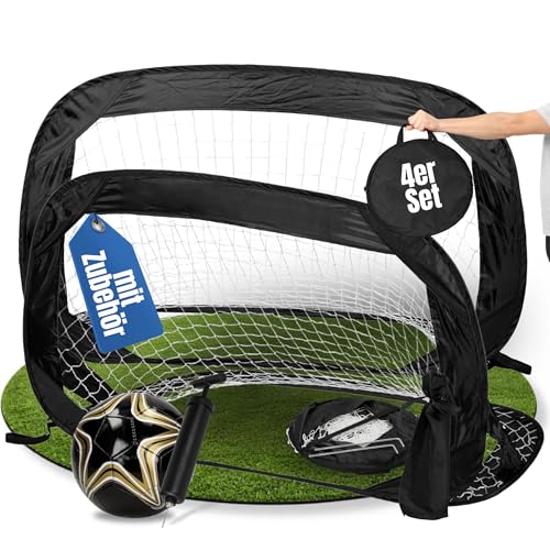 elasto PROMOTION FOR LIFE Fußball 4er Set - PopUp Fussballtor und Fussball Größe 5-2 in 1 Fussballtor mit Ball für Training - Ballpumpe und Ventil Schraubaufsatz - komplettes Fußballset für Kinder
