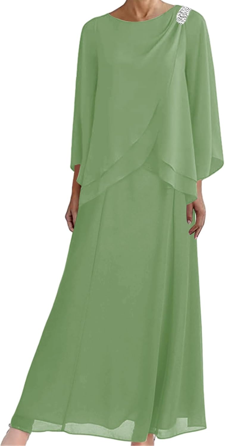 Mother of the Bride Dresses for Wedding-Long Evening Formal Dress Chiffon Wedding Guest Groom Dresses Tiered Beaded