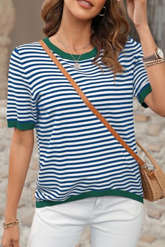 Image of Womens Sweaters Casual Crewneck Short Sleeve Striped Color Block Knitted Cotton Trendy Pullover Sweater Tops