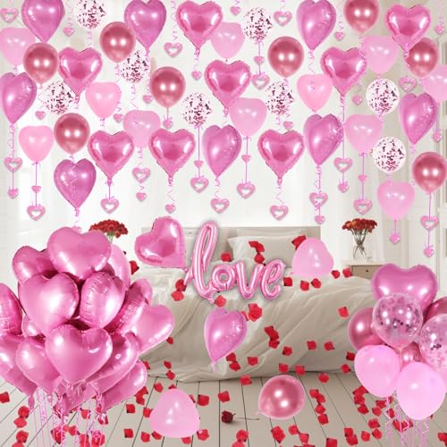 Image of Pink Valentines Day Decorations with Heart Balloons and Love Balloon, Fake Rose Petals for Wedding Decor, Anniversary Decorations Romantic with Pink Latex Balloons and Heart Hanging
