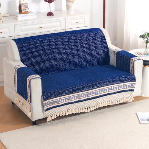 Image of HOKIPO 'Imperial Tassel Series' Premium Chenille Jacquard Sofa Cover Set for 2 Seater for Seat, Back & Arms with Tassels, Royal Blue (IN-1010 + IN-1012-I4*2)