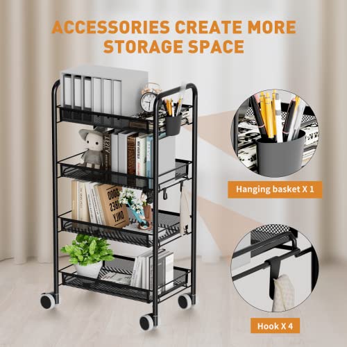Dmplus 4-Tier Metal Rolling Cart On Wheels With Baskets, Easy Carry And Assemble Multifunction Utility Cart With Practical Bucket And Hooks, Black Mrc01B #TOP1