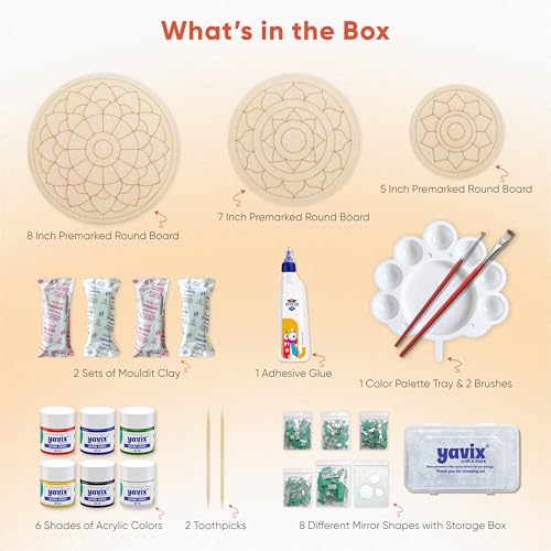 Image of YAVIX Lippan Kala Kit | Complete DIY Craft Set with 3 Premarked Round MDF Boards, Acrylic Colors, Mirrors & Moulding Clay for Art & Home Decor | Ideal for Gifting, Artists & Beginners