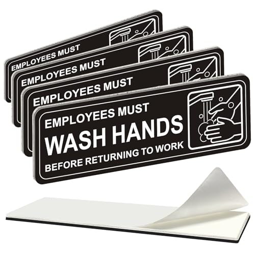 i-CowFun (4 Pack) Premium Self-adhesive Employees Must Wash Hands Sign 9 x 3 Durable Acrylic Hand Washing Signs with Symbols for Business Restaurant Salons Hotel Motel Rest Stops Public Restrooms