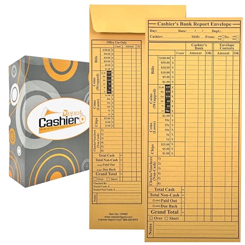 500 Cashier Depot - Cashier's Bank Report Envelopes CR680, 4 1/2" x 10 3/8", Sturdy 24lb. Brown Kraft, Gum Flap Cash Bank Deposit Envelopes for Retail, Restaurants, Casinos, Hotels & Small Business