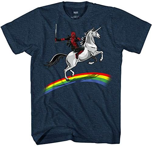Marvel Men's Deadpool Riding A Unicorn On A Rainbow T-Shirt