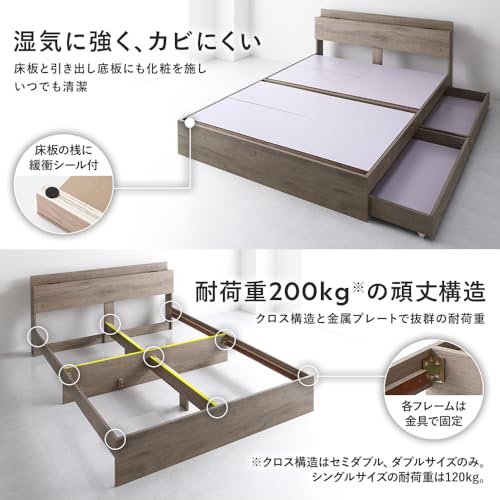 RASIK ベッド セミダブル フレームのみ ストーングレー 収納付き コンセント 棚 お客様組立 Absol アブソル の商品画像 6