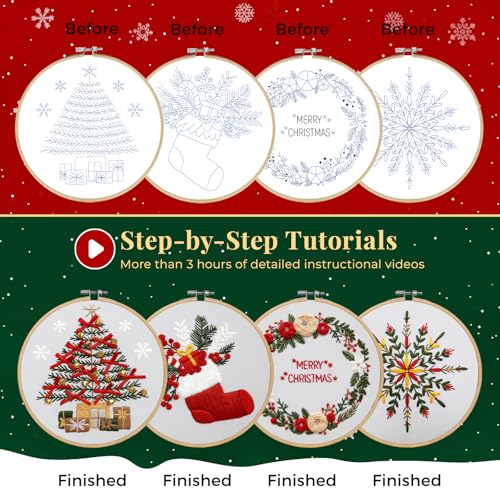 Image of CYANFOUR 4 Pack Christmas Embroidery Kit for Beginners, with Step-by-Step Instructions and Clear Videos, Includes Multiple Accessories, Gift for Craft Lovers.