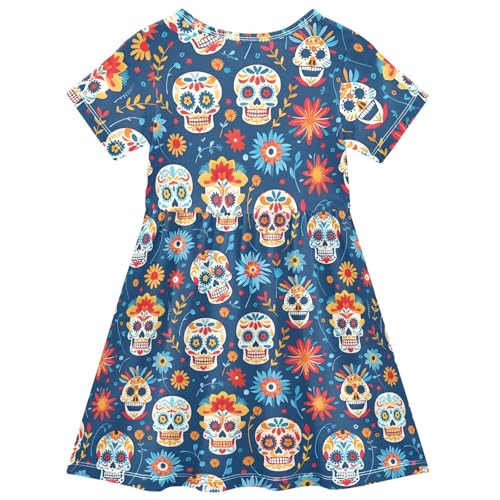 ALAZA Mexican Day of The Dead Sugar Skull Blossom Girls Dress Short Sleeve Toddler Casual Dresses Summer Sundress 2-8T2