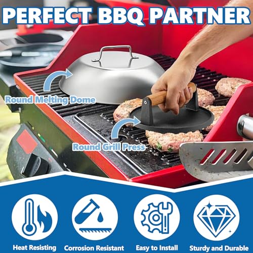 Image of SafBbcue Round Cast Iron Smash Burger Grill Weight Press Tool & Griddle Steamer Melting Dome 12 inch Round Stainless Steel Basting Cover for Blackstone Griddle, Griddle Food Cover Dome for Flat Top Grills