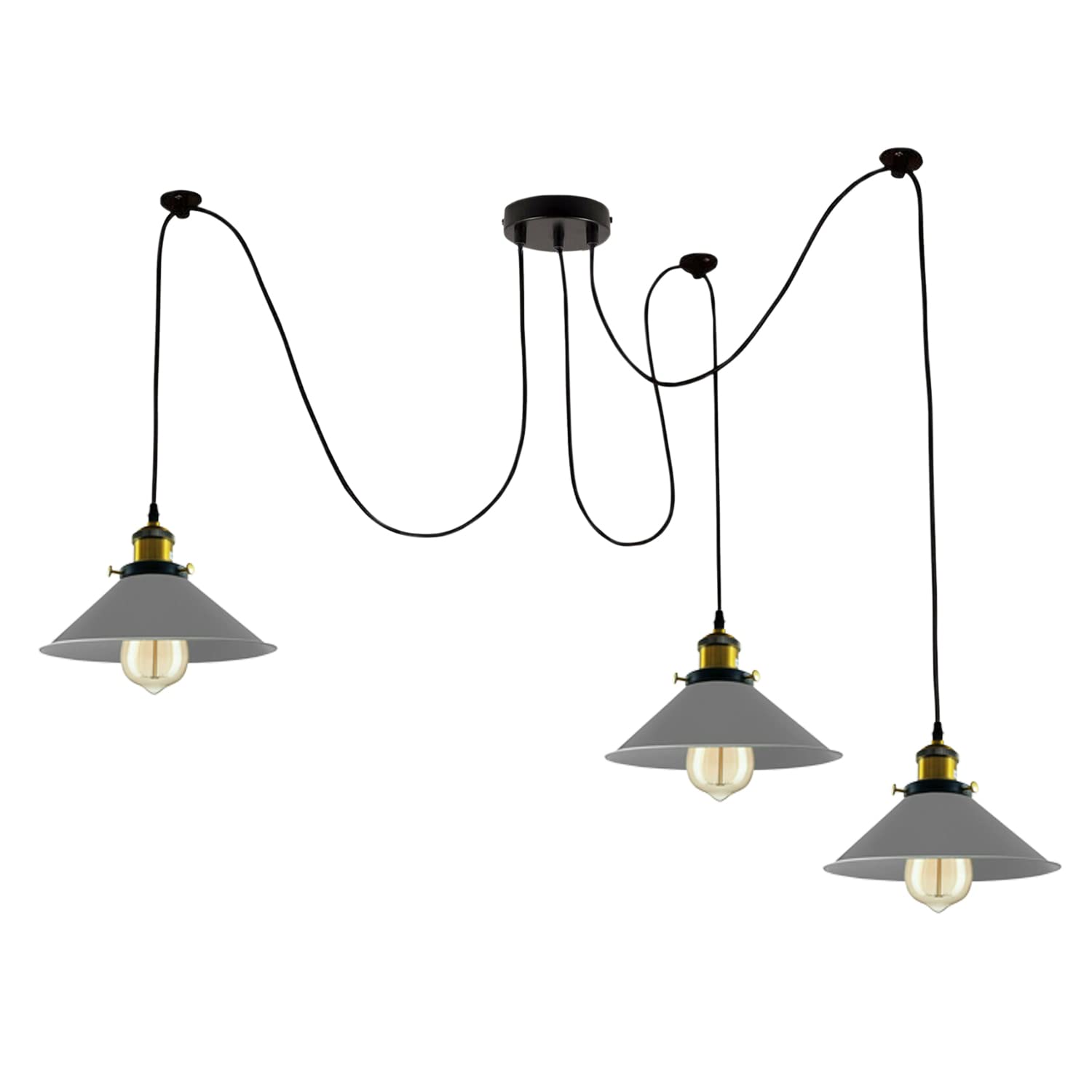 LEDSone Modern Ceiling Spider Light Large Spider lamp Heads Clusters of Hanging Grey Cone Shades Ceiling Braided Pendant Lamp Lighting. (3 Head, with Bulb)