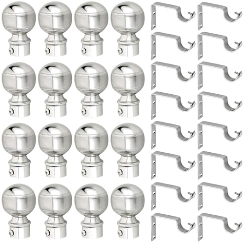 Image of GRIVAN Stainless Steel Curtain Bracket Parda Holder with Support 1 Inch Rod Pocket Finials Designer Door and Window Rod Support Fittings, Curtain Rod Holder (Silver Pair of 8)