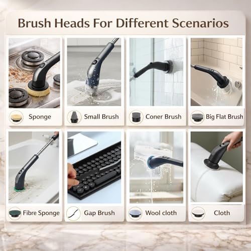 Image of LIVINGPRO Electric Spin Scrubber with LCD Display, Cordless Cleaning Scrubber for Home, Upgraded 70W Dual Speed Motor, IPX7 Waterproof Power Scrubber, 7 Brush Heads, Extendable Long Handle