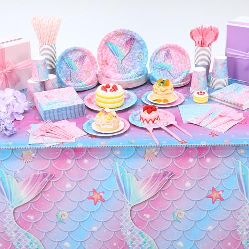 Image of Funnymoom 452 Pcs Mermaid Party Decorations Include Sea Mermaid Paper Plates Napkins Cups Tablecloth Cutlery Straws Ocean Tableware for Baby Shower Birthday Party Supplies