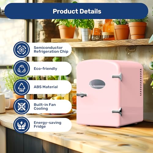 Image of Simple Deluxe Mini Fridge 6L 9 Can with Window, Portable Small Refrigerator for Skincare, Drinks, Food, Freon-Free Cooler & Warmer Compact Refrigerators for Office, Bedroom, Car, Dorm, Pink