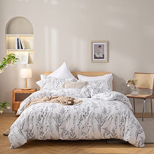 Janzaa 3Pcs White Comforter Set, Soft Microfiber Bedding Plant Flowers Printed Comforter With 2 Pillow Cases For All Seasons(Queen) #TOP5