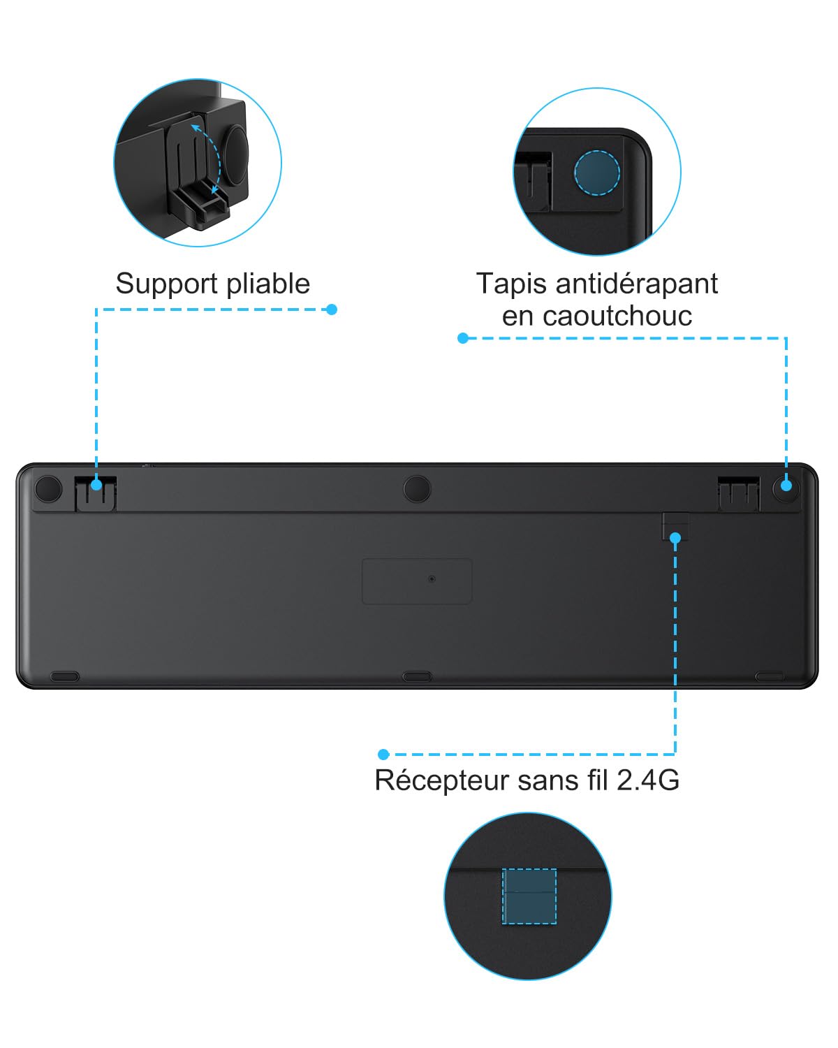 OMOTON Clavier sans Fil Bluetooth + 2.4G AZERTY pour PC/Windows/Mac, Noir | 3 Canaux Multi-appareils, Pleine Taille, Rechargeable, Ultra-Mince, Connexion Stable, Silencieux, Les ciseaux, Ergonomique