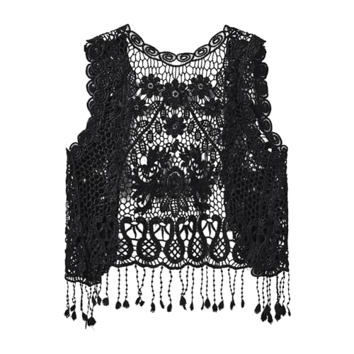 Image of Girls Crochet Vest Cardigan with Fringe V-Neck Sleeveless Boho Vest Hollow Out Cardigan