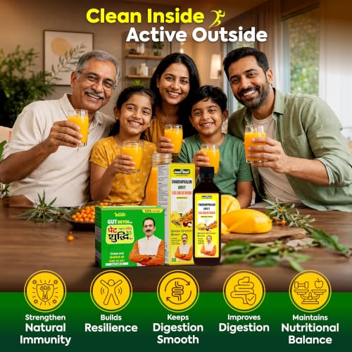 Image of Jeena Sikho Ayurvedic Combo | Pet Yakrit Pleeha Shuddhi Kit & Swaranfalam Amrit Sea Buckthorn (Mango Flavour) | With Amla, Harad & Amlavetasa | For Gut Balance & Immunity | Daily Nutrition Routine