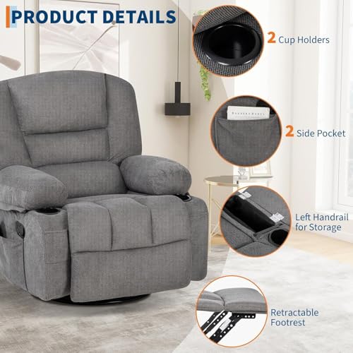 Image of Oversized Manual Swivel Recliner Chair for Adults, 360 Swivel Rocker Glider with Vibration Massage & Heat, Extra Wide Chenille Fabric Lazy Chair for Living Room Bedroom, Dark Gray Chenille