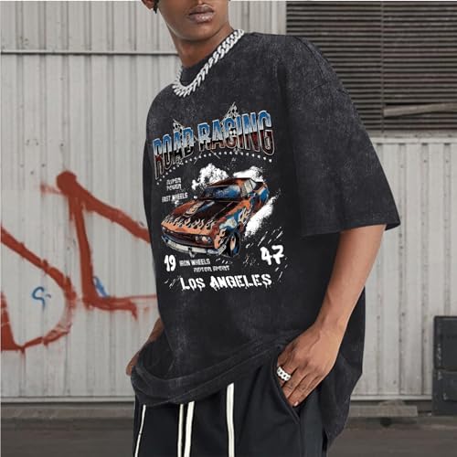Mens Graphic T-Shirts Oversized Acid Wash Tshirt Vintage Streetwear Shirt Cool Road Racing Printed Tee Los Angeles Top4