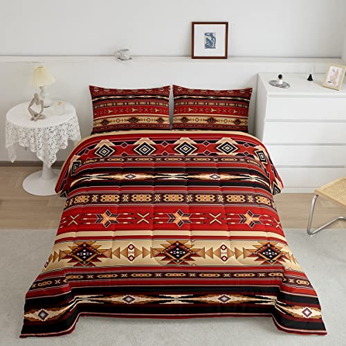 Aztec Quilt Ethnic Tribal Arrow Comforter Set,Retro Southwest Native Bohemian Bedding Set King,Western Star Geometry Sriped Duvet Insert African Tribe Exotic Nordic Style Boho Decor,Red and