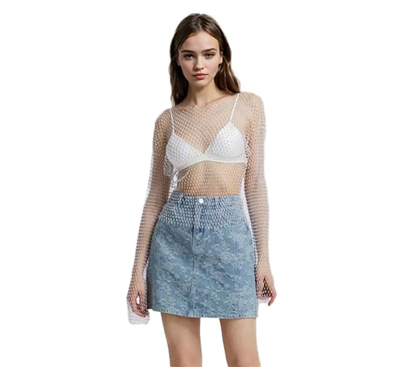 icw Women Hollow Out Long Sleeve Transparent Embellised Rhinestone Sheer Mesh Top Sexy See Through Daimond Fishnet Blouse DN435-picture-44