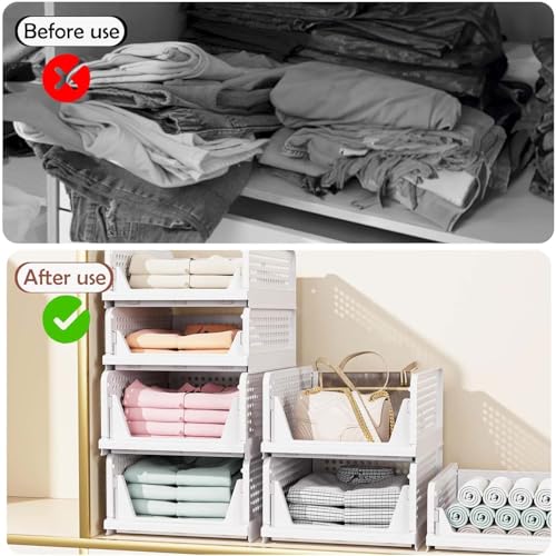 Image of Go Hooked Foldable Wardrobe Organizer with Drawer Style Pull Out Design | Pack of 8 Small (44x34x14.5 cm) Shelf Storage Box | Heavy Duty Plastic Shirt Stacker for Cupboard, Almirah & Closet | White