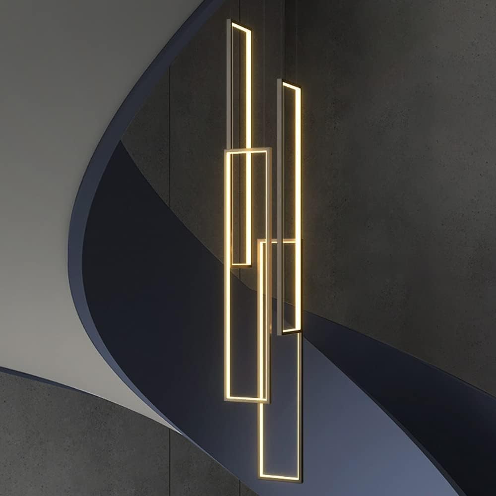GGBBJJ 4-Light Dimmable LED Modern Linear Chandelier for Foyer Entryway High Ceiling with Remote 140W/168W Black Gold Slender Tube Long Ceiling Pendant Lamp for Spiral Staircase Hotel
