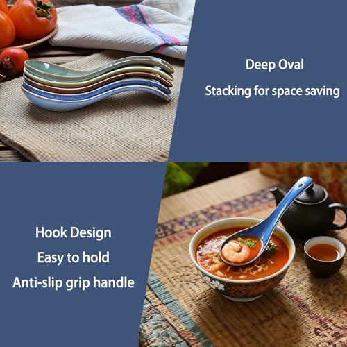 Image of Raelitego 5 /12 pcs Asian Soup Spoon, Ceramic Chinese Soup Spoons, Deep Oval Hook Non-slip Japanese Spoons for Rice Ramen Pho Miso Soup Wonton (5pcs-Dark)