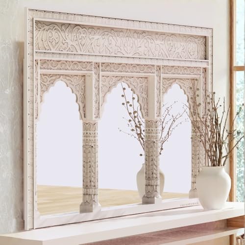 Image of JAE Furniture Kani Wooden Carved Mirror Full Length | Handcrafted Three Arch Long Mirror for Living Room, Wall Decoration, Entryway | Vintage Decorative Solid Wood Wall Mirror Frame | White Distress