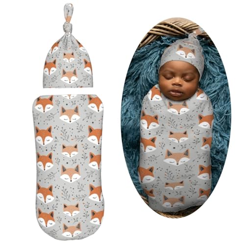 Image of Cute Forest Fox Seamless Newborn Swaddle Blankets Hat Sets Soft Baby Receiving Blanket Swaddle Sack for Baby Shower Infant Boy Girl Gift