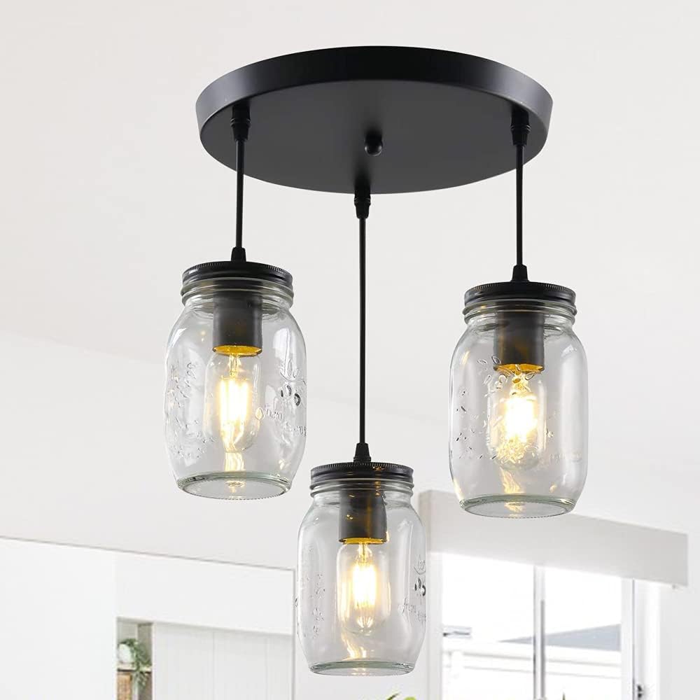3-Light Kitchen Island Light Farmhouse Mason Jar Pendant Light, Matte Black Semi Flush Mount Ceiling Hanging Lighting Adjustable Glass Chandelier for Kitchen Island Dining Room Living Room Hallway