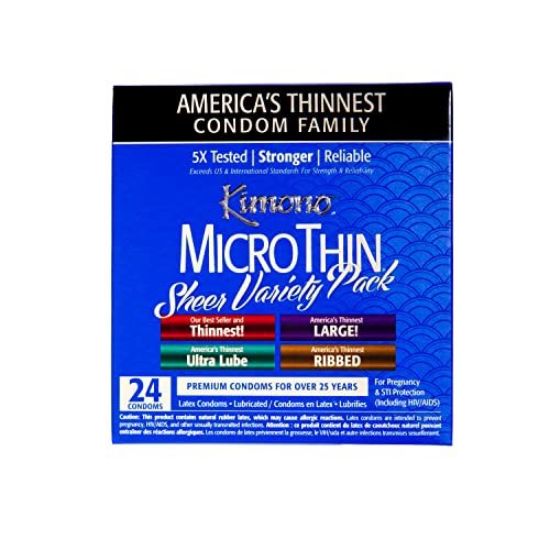 Kimono Microthin Sheer Variety Pack I Ultra-Thin Lubricated Condoms I Includes Thinnest! Large! Ultra Lube Or Ribbed I 5X Tested, Stronger, Reliable I Odorless Premium Natural Latex I 24 Count #TOP21