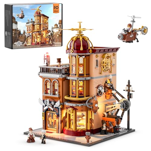 FUNWHOLE Steampunk Flying Club Lighting Building-Bricks Set – 1871 Pcs Modular Building Blocks Display Collectible Set for Adults