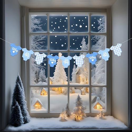 Image of Blue Gingham Baby Shower Banner, 9 Pieces Baby Blue Babysuit Garland Banner for It's a Boy Baby Shower Decoration