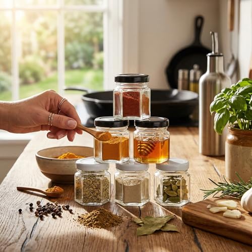Image of Cute Hexagonal 50 grams Airtight Glass Jar Containers for Honey, Spices & other Kitchen Items with Rust Proof Black & White Color Caps -Set of 06