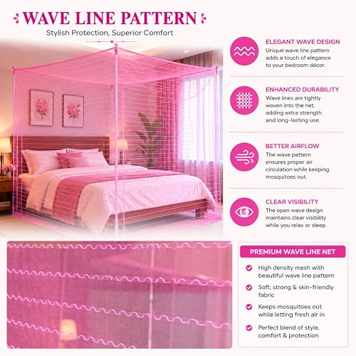 Image of Mosquito Net for King Size Bed & Double Bed (6x7 ft, Wall /Hook Hanging) Poly-Cotton Blend Fabric with Zigzag Wave Line Pattern, Pre-Fitted Bottom & Cotton Ribbon (Frame Not Included-Bright Pink)