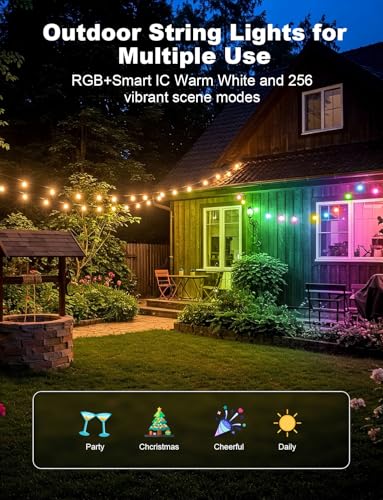 Image of Outdoor String Lights 18 LED Bulbs, 64(52+12) ft RGB+IC+Warm White | APP Control with Remote,Outdoor Lights Music Sync for Garden Party Decor Christmas, NOT Extendable