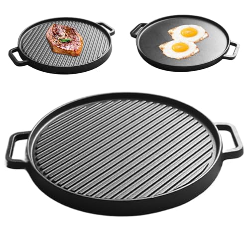 Plancha de hierro fundido de 11, 8' de diámetro con placa de parrilla antiadherente de doble cara y revestimiento libre con asas para cocinas de inducción gas y halógeno.