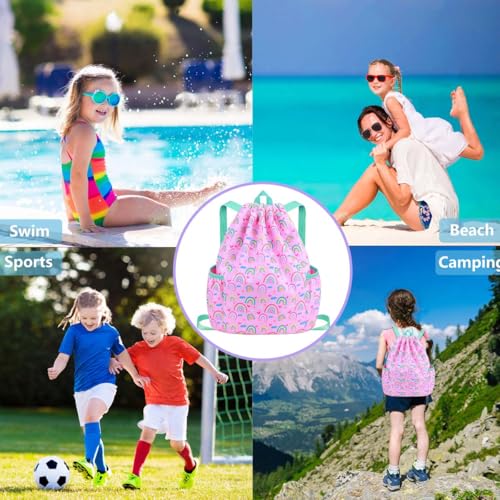 RHCPFOVR Drawstring Backpack for Kids - Rainbow Bags for Girls Mini Gym Dance Beach Swim Travel Bag With Two Water Bottle Holder