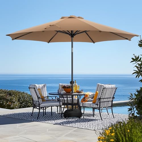 wikiwiki 11FT Patio Umbrella with Base, Outdoor Umbrellas with Base Included, 8 Sturdy Ribs, Waterproof Fade Resistant POLYESTER DTY Canopy for Deck, Lawn, Garden, Backyard & Pool, Tan
