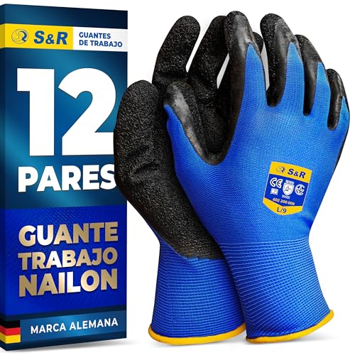 S&R Guantes de Trabajo Hombre 12 PARES Talla L / 9 - Guantes de Securidad Nylon y Latex - 12 Pares