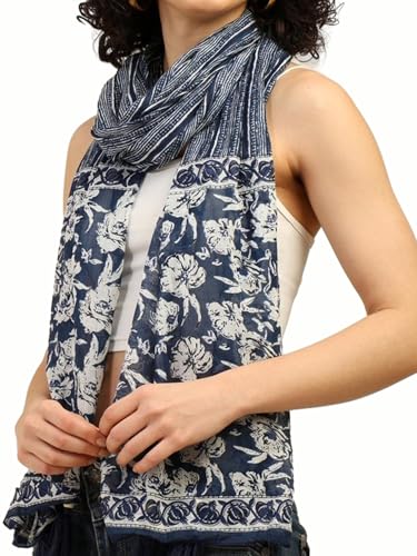 Image of KE KANHA EXPORTS Scarf for Women Premium Cotton Boho | Dual Tone Border Print Stole with Tassels | Lightweight Summer Beach Wrap 180 x 50 cm FREE Scrunchie Included