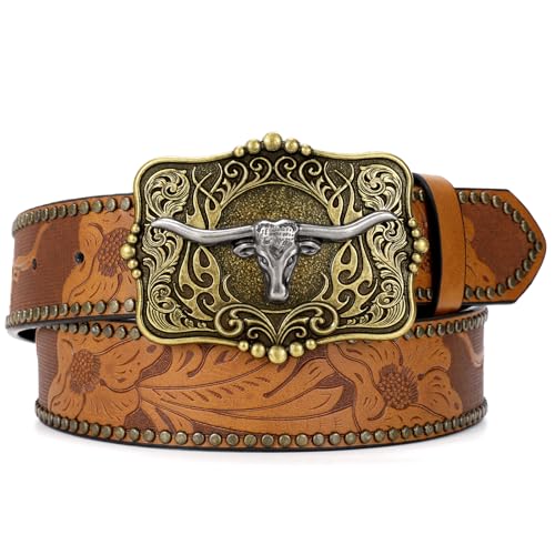 SUOSDEY Women Western Leather Belt, Cowboy Cowgirl Belt for Jeans Pants Longhorn Bull Big Buckle Belt
