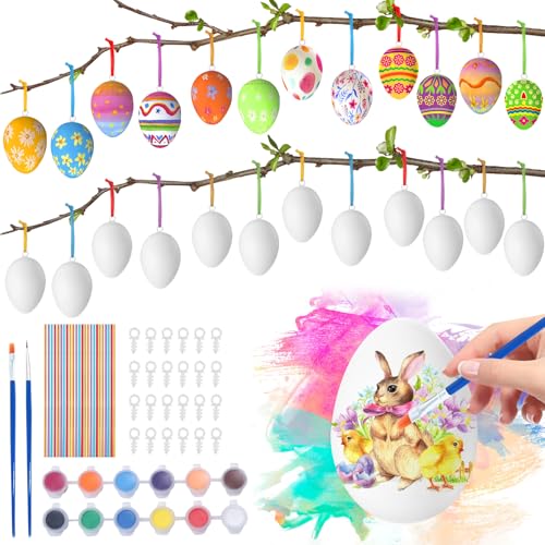 Camiki Art Ostereier zum Bemalen 24 Stück Ostereier Plastik Ostereier zum Aufhängen Draußen und Innen Eier Kunststoff mit Seil Basteln Deko Ostern Eier Dekoration und Ostern Deko Geschenk