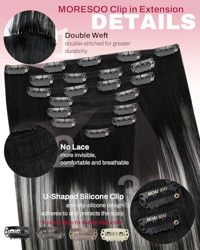 Image of Moresoo Silver Grey Hair Extensions Real Human Hair Clip ins Balayage Natural Black to Silver Clip in Hair Extensions for Volume Remy Human Hair Long Straight Can Be Curled Full Head 120g /7pcs 18in